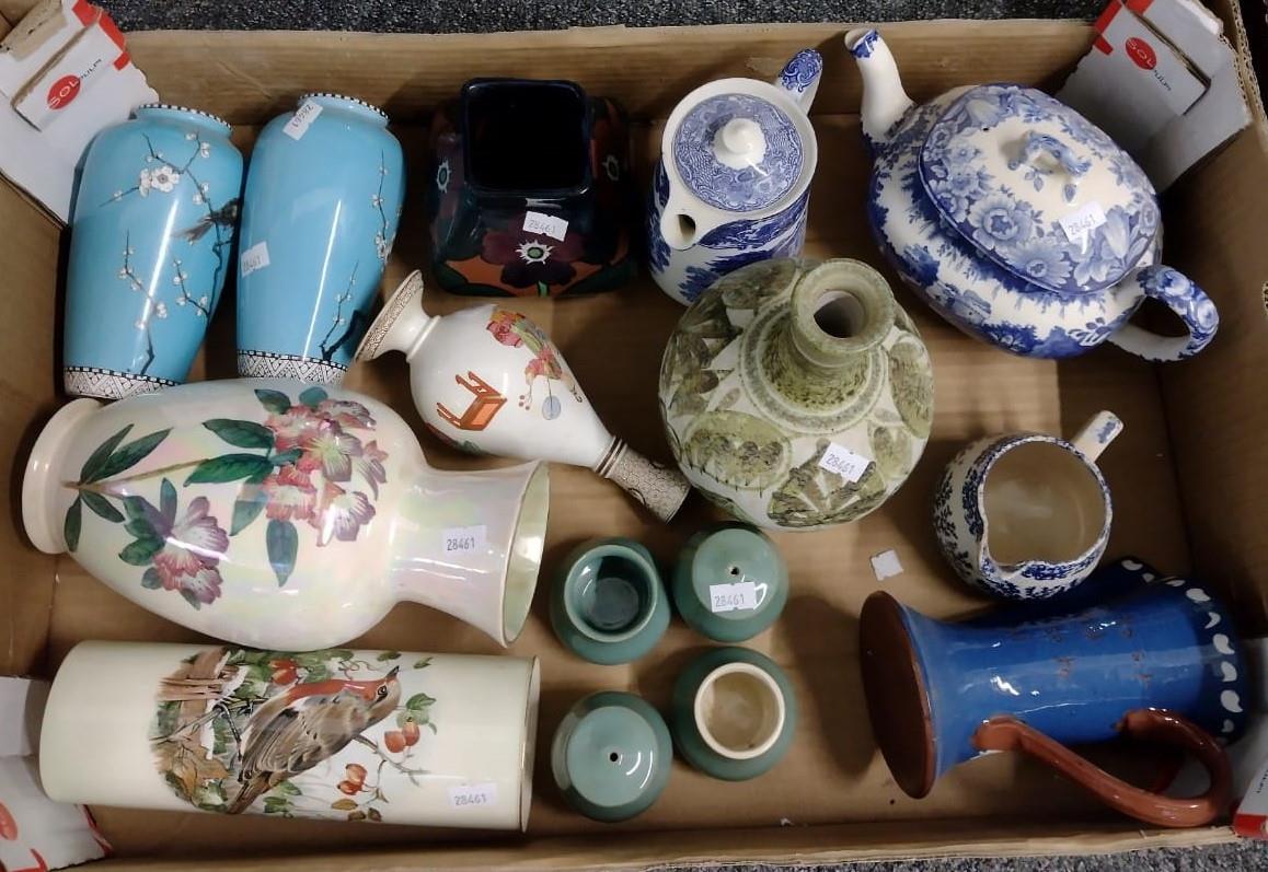 Box of assorted china to include: a pair of blue ground vases with cherry blossoms and bird