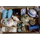 Box of assorted china to include: a pair of blue ground vases with cherry blossoms and bird