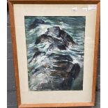 Donald Pass (mid 20th century Welsh), 'Rocks and Sea Tenby, 1968'. Signed, watercolours. 38x27cm