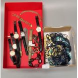 Box containing assorted wristwatches, to include: Omac, Bulova etc, costume jewellery and beads. (