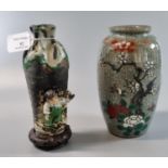 Oriental polychrome on celadon crackle glaze vase depicting bird, flowers and foliage together