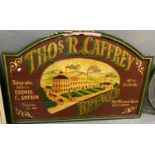 Reproduction vintage style wooden sign 'Thos. R. Caffrey, The Mountain Brewery, County Antrim'. 62 x