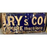 Part of a vintage single sided enamel advertising sign for Cadbury's Cocoa. Distressed condition.