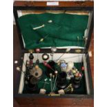 19th century walnut cross banded inlaid workbox, the interior revealing a collection of hatpins,