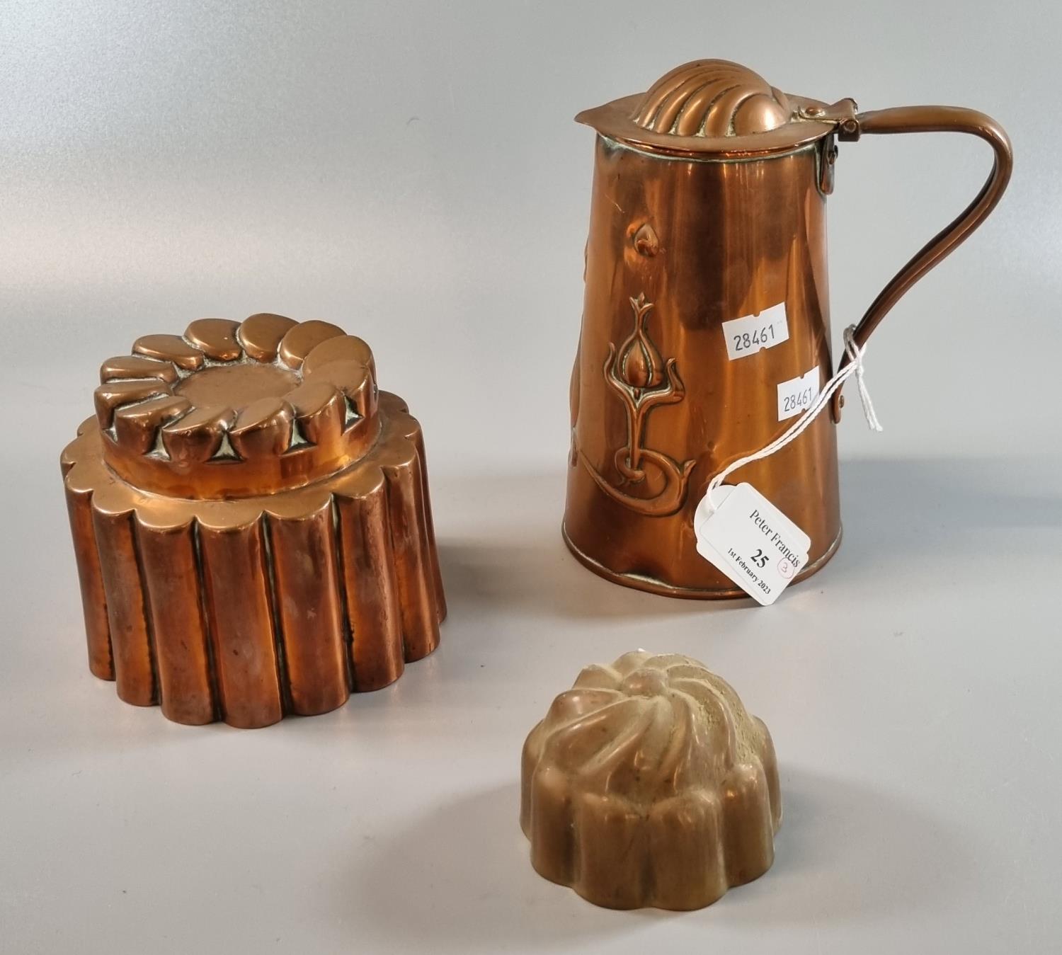 Collection of vintage copper to include: two jelly moulds and an Art Nouveau organic design tapering