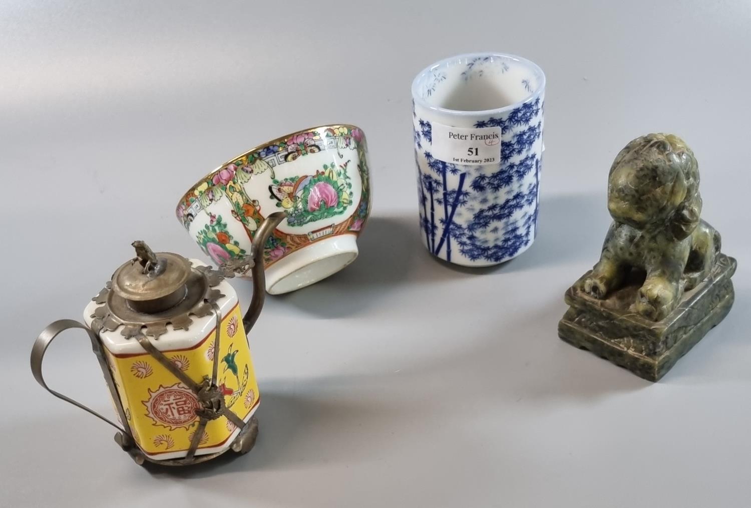 Mixed group of Oriental items, to include: Japanese brush pot, Soap Stone temple lion, Hong Kong