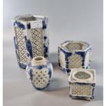 Mixed group of Japanese porcelain reticulated blue and white vases of hexagonal, baluster and square