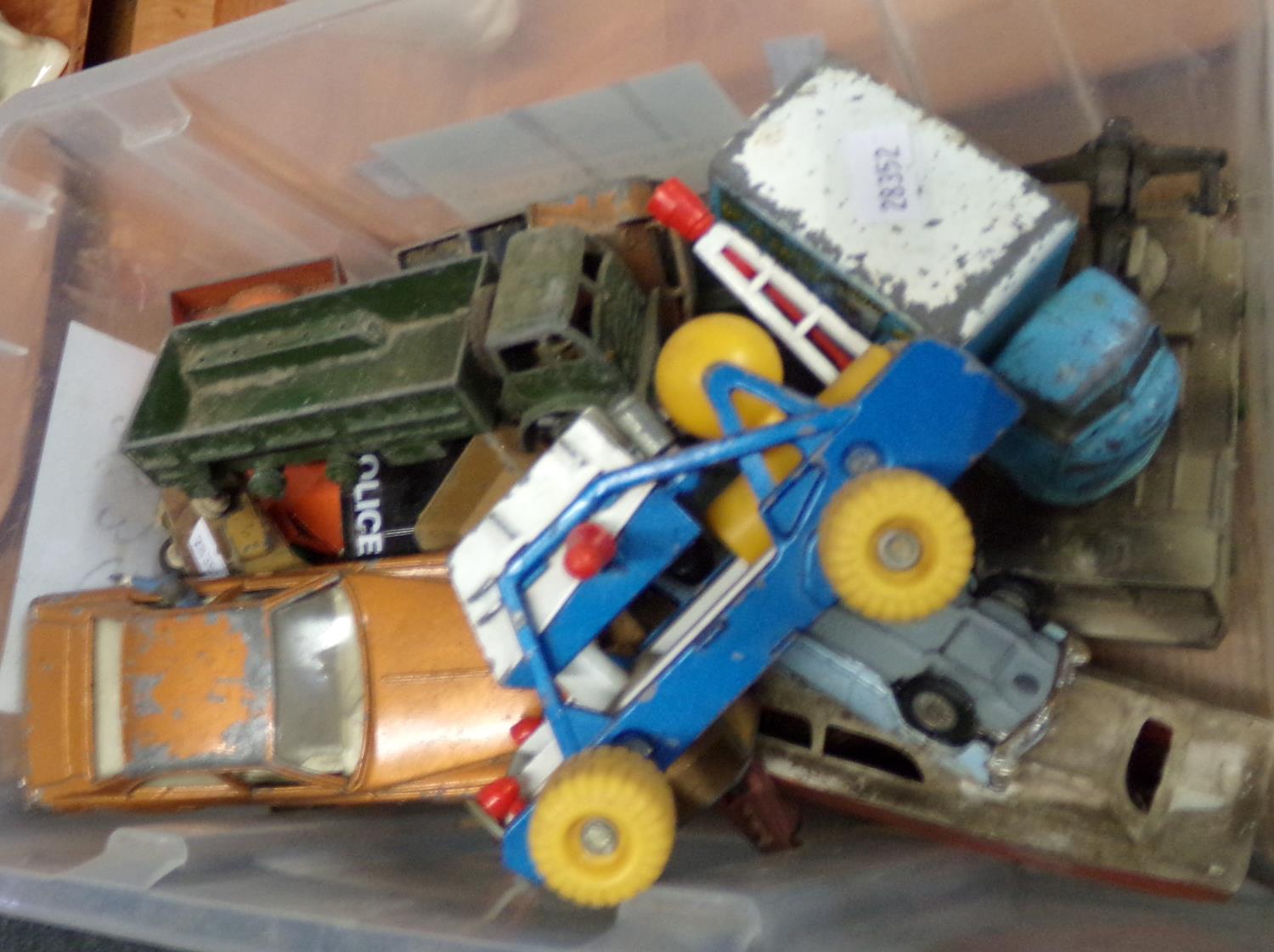 Plastic tub of playworn diecast and other model vehicles: Corgi, Dinky etc. (B.P. 21% + VAT)