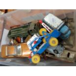 Plastic tub of playworn diecast and other model vehicles: Corgi, Dinky etc. (B.P. 21% + VAT)