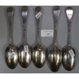 Set of three silver Irish rat tail spoons together with two other similar 18th century rat tail