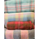 Box of vintage woollen multi-colour check blankets or carthen; one with 'Real Welsh, hand made'