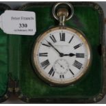 Large nickel plated key less lever railwayman's watch with Roman numerals and seconds dial, marked