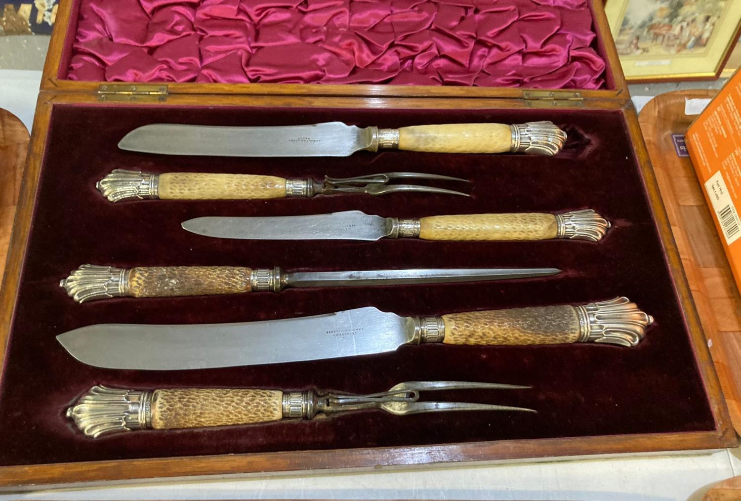 Late probably Victorian six piece oak cased carving set with horn handles and silver mounts. (B.P.