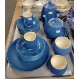 Tray of Moorcroft art pottery blue glazed china to include: saucers, milk jug, sugar bowls, plate,