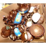 Collection of copper lustre jugs, square shaped teapot, sugar basin, goblet etc. (B.P. 21% + VAT)