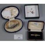 Costume jewellery; Victorian yellow metal seed pearl set bee design bar brooch, a paste set crescent