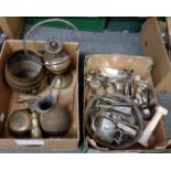 Two boxes of metalware, to include: copper ewer, copper bowl, pewter butterfly decorated faux