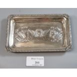 White metal Art Nouveau rectangular pin/card tray, overall decorated with repoussé Reynold's Angels.