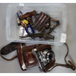 Plastic box of oddments, to include: Kodak vintage camera, corkscrews, including: J Heeley & Son,