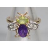 9ct gold Amethyst, Peridot and Diamond Bee ring, size P. 3g approx. (B.P. 21% + VAT)