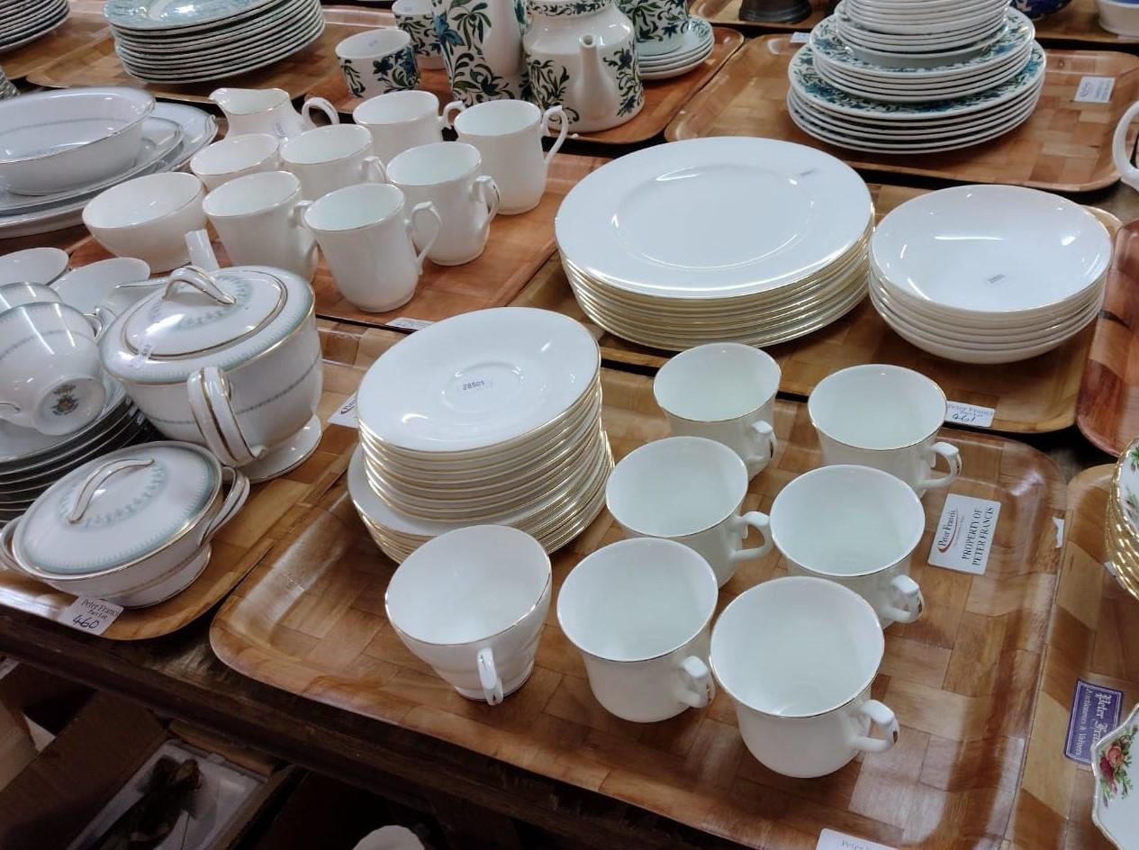 Three trays of Queen Anne bone china tea and dinnerware to include: mugs, sugar bowl, milk jug,