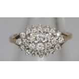 9ct gold boat shaped diamond cluster ring. 4 grams approx. Ring size N. (B.P. 21% + VAT)