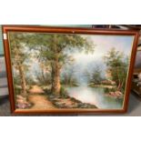 Large modern framed furnishing oils on board, river scene with cottage. 95 x 62cm approx. Framed. (