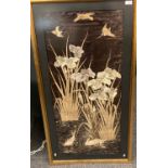 Japanese silk embroidered panel, poolside irises, birds and carp. 105x48cm approx. Framed. (B.P. 21%
