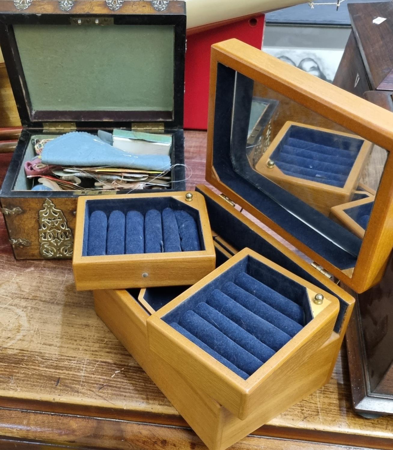 19th century walnut and brass Gothic design lady's work box, the interior revealing assorted