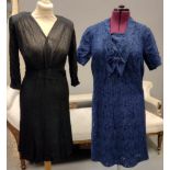 Six vintage 20's-40's dresses: a black crepe with lace short sleeves and shoulders and belt, one