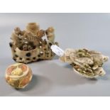 Two Chinese moulded resin boxes decorated with fish together with a Chinese carved soap stone