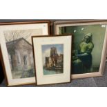 Group of assorted furnishing pictures: watercolours, tapestry, Old Master print etc. Framed. (5) (