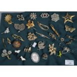 Collection of vintage and other brooches: mother of pearl, scotty dogs, ship, palm trees etc. (B.