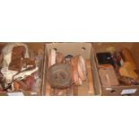 Three boxes of leather goods: many belts and straps, some harness and tack pieces, leather cases and