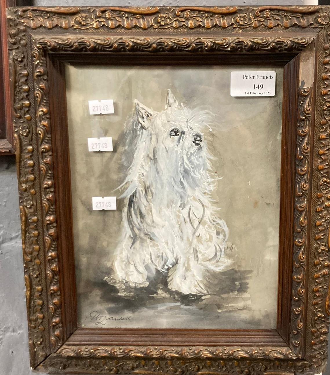 G Mansel, study of a white terrier, signed. Watercolours. 24x19cm approx. Framed. (B.P. 21% + VAT)