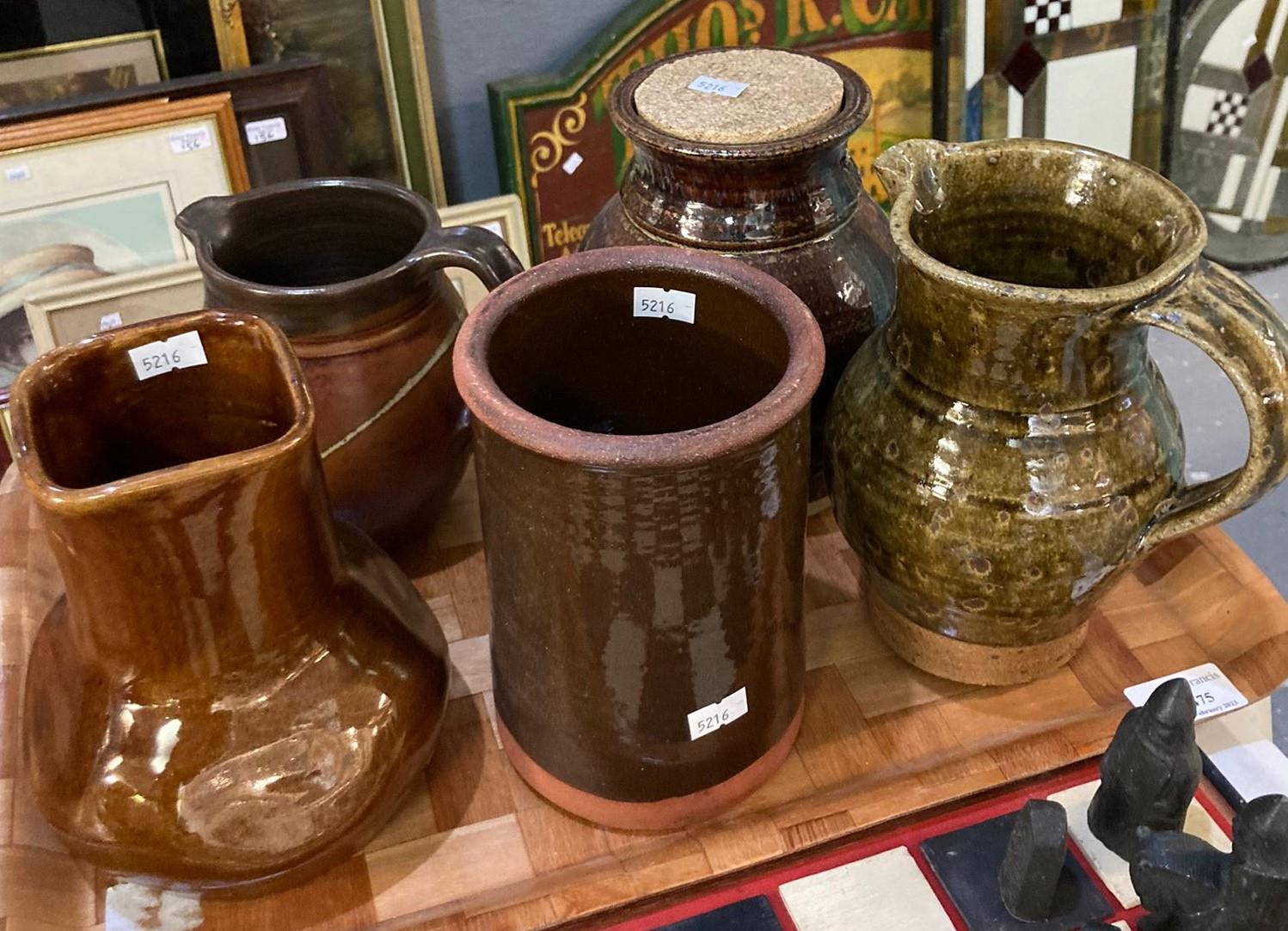 Tray of pottery brown and green glazed items: jug, canister etc. (B.P. 21% + VAT)