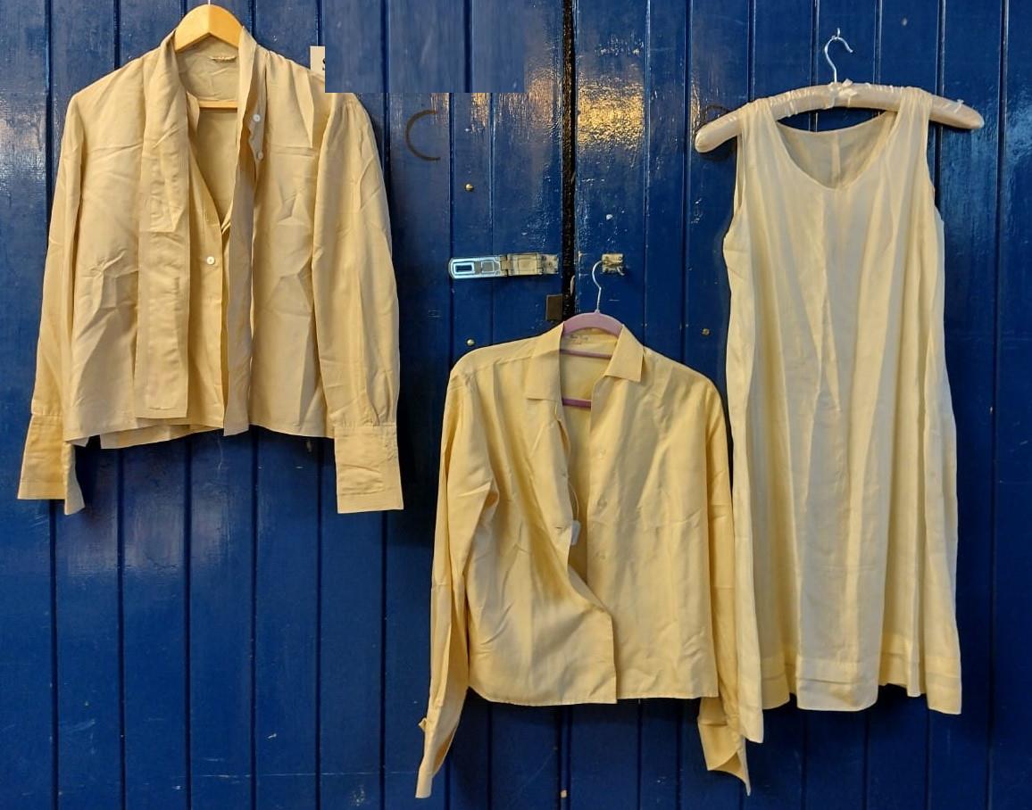 Collection of vintage ladies silk items, to include: four blouses, three cream one grey, two black