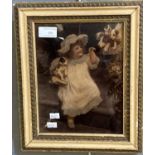 Early 20th century convex glass chrystoleum. Little girl with puppies. 23x19cm approx. Framed. (B.P.