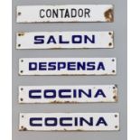 Group of five enamel room signs in Spanish, to include: 'Dispenser (pantry)', 'Coucina (