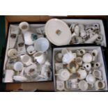 Box containing various crested ware souvenir items to include: Welsh and others; miniature teapot,