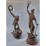 Two similar early 20th century French bronzed spelter emblematic figures on a nautical theme, male