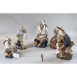 Group of five Chinese earthenware 'Mud men', one with Shiwan artistic ceramic factory label. All