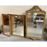 Small gilt framed bevelled mirror decorated with flowers and urn, together with a gilt framed triple
