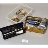 Collection of assorted vintage cigarette lighters, two fountain pens, small collection of Scottish