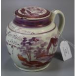 19th Century baluster shaped pink lustre decorated loop handled jar with unusual threaded cover,