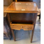 Early 20th century oak workbox, the hinged lid above a pull-out drawer on chamfered legs. (B.P.