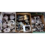 Three boxes of metalware, mostly silver plate to include: coffee pots, teapots, pedestal basket,