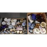 Three boxes of mostly china to include: blue and white Adderley ware 'Old Willow' teaware, Royal