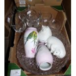 Small box of glassware and ceramics: pair of Elvira budgerigar vases, two white ceramic hedgehogs,