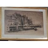 Fred Shaw (British early 20th century), quayside scene with barge and figures, signed in pencil